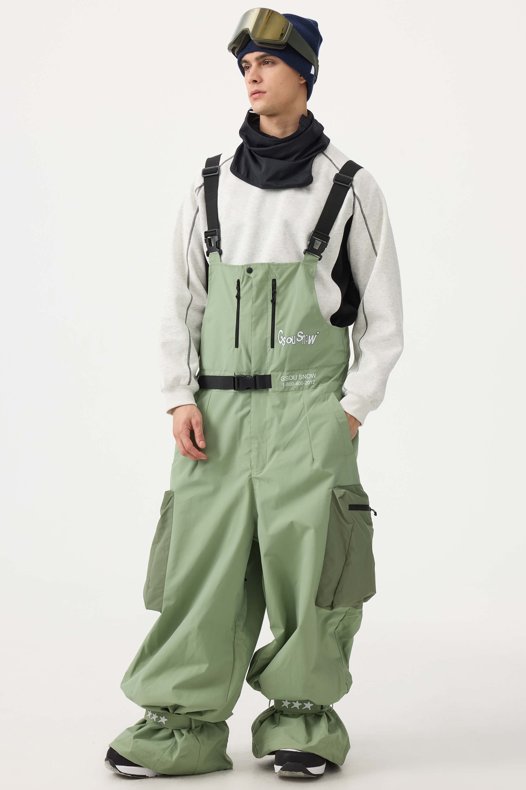 Men's Mint Green Workwear Style Built-in Belt Snow Bibs Baggy Ski Bibs - Gsou Snow