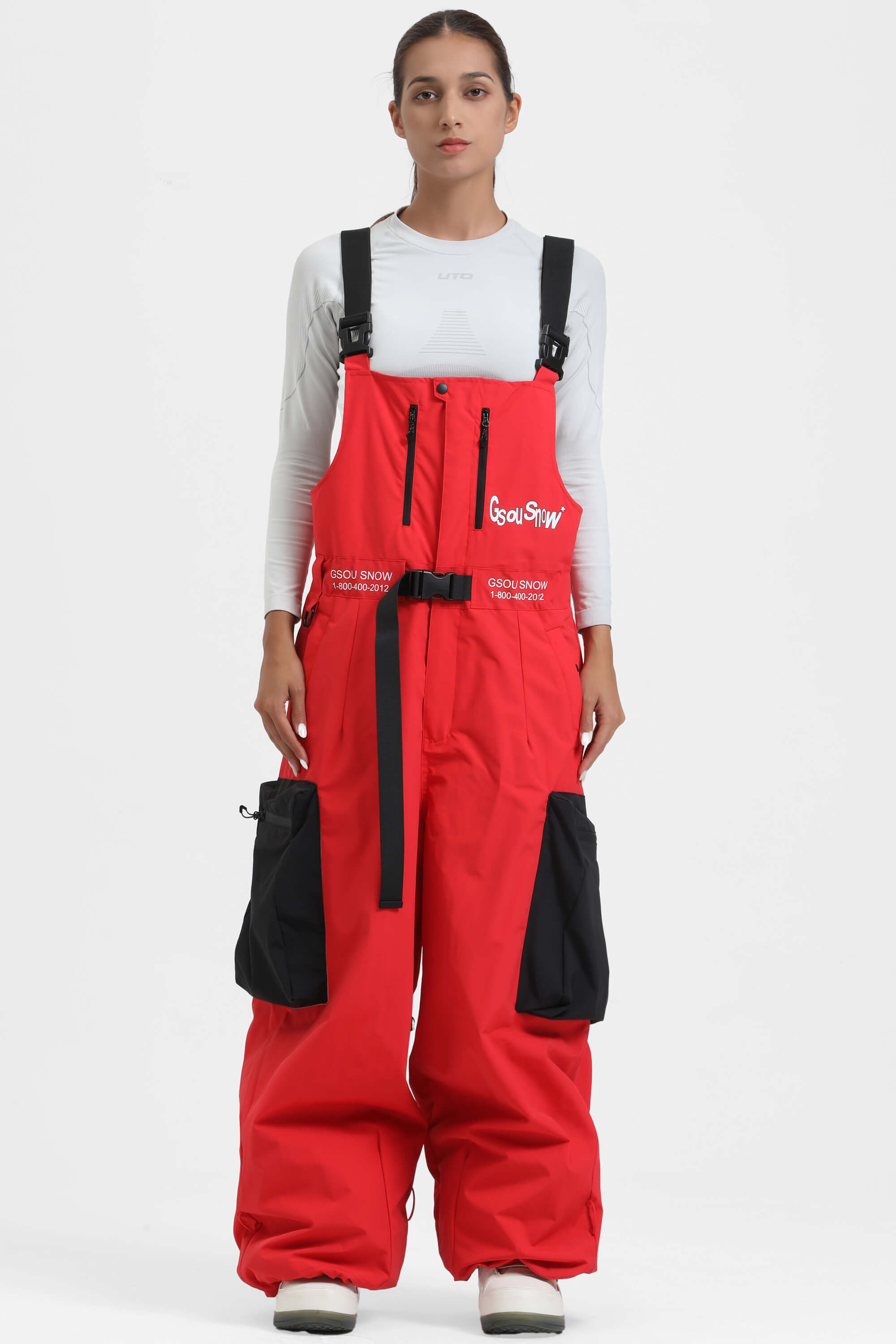 Women's Off White Workwear-Style Built-In Belt Ski Bibs Baggy Snow Bibs