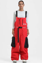 Women's Red Workwear Style Snow Bibs Built-in Belt Super Baggy Ski Bibs - Gsou Snow