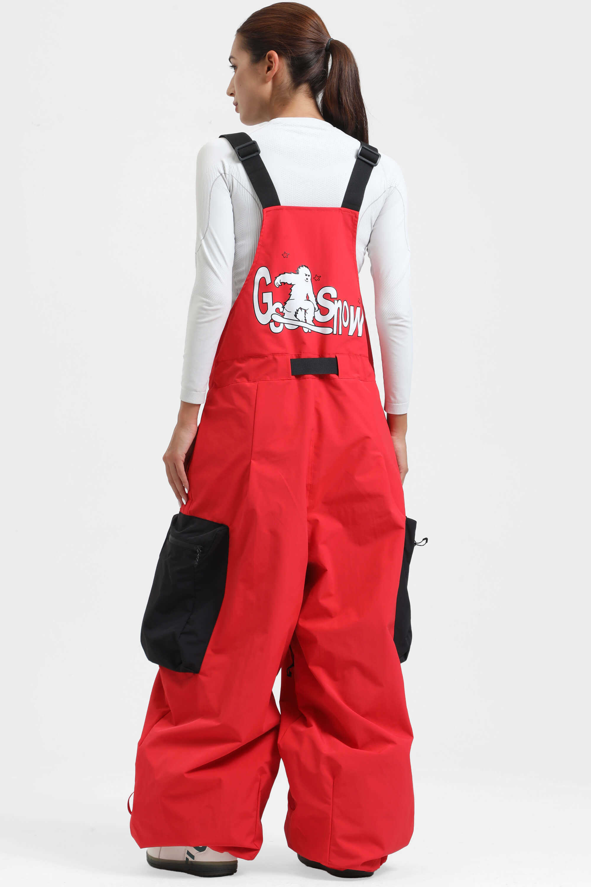 Women's Khaki Workwear-Style Built-In Belt Ski Bibs Baggy Snow Bibs