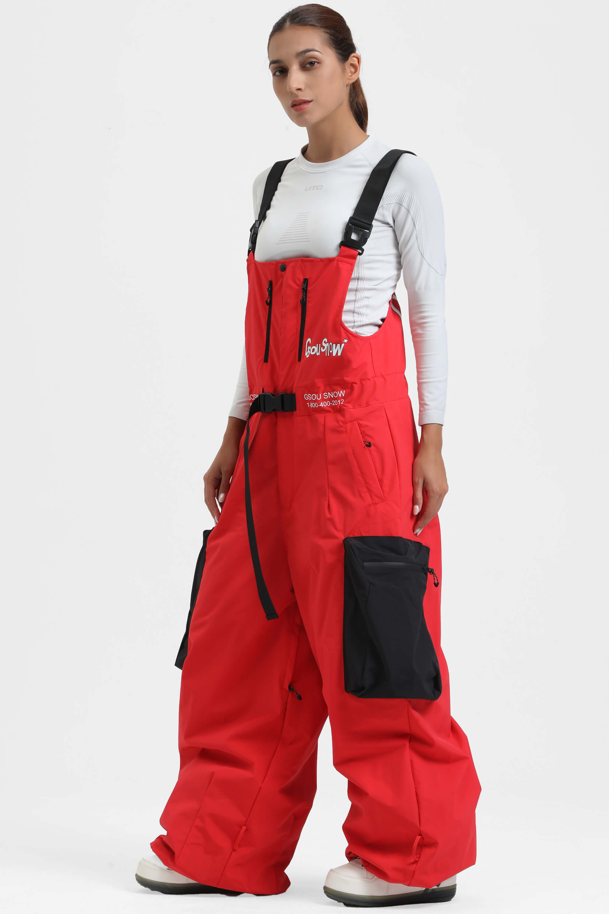 Women's Khaki Workwear Style Snow Bibs Built-in Belt Super Baggy Ski Bibs - Gsou Snow