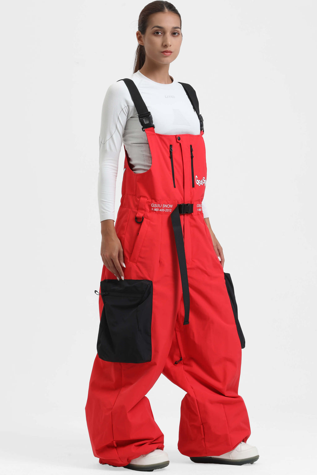Women's Black Workwear-Style Built-In Belt Ski Bibs Baggy Snow Bibs