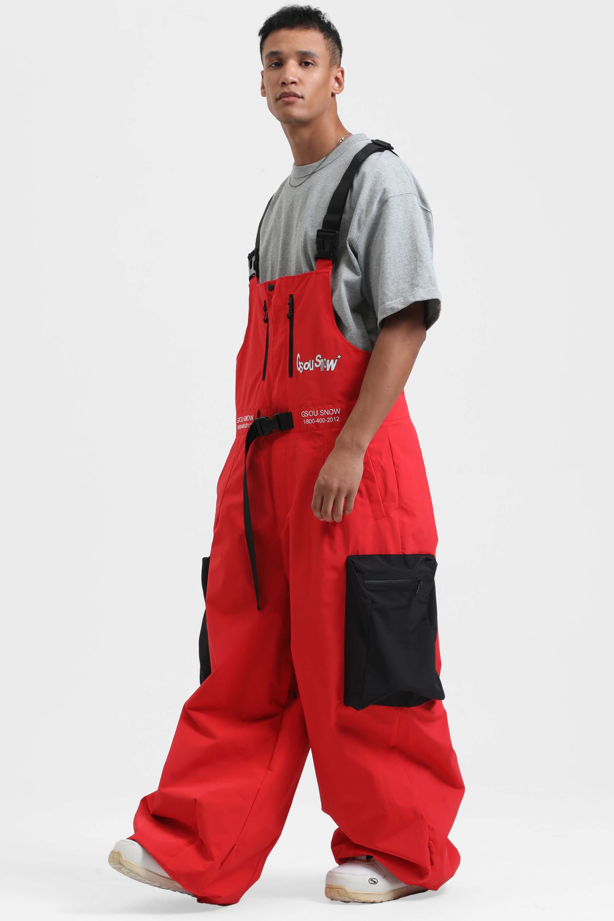 Men's Off White Workwear Style Built-in Belt Snow Bibs Baggy Ski Bibs - Gsou Snow