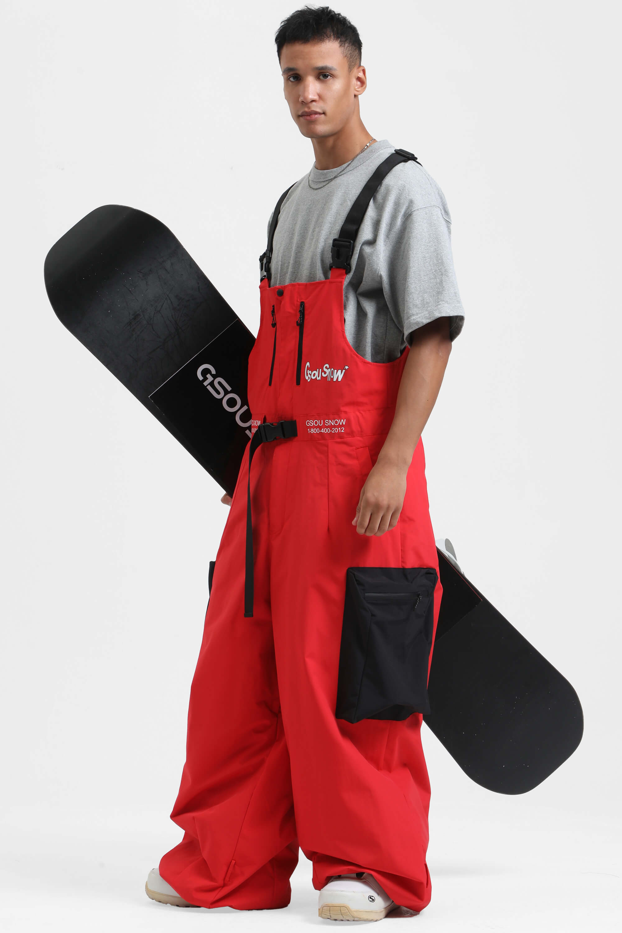 Men's Black Workwear-Style Built-In Belt Ski Bibs Baggy Snow Bibs