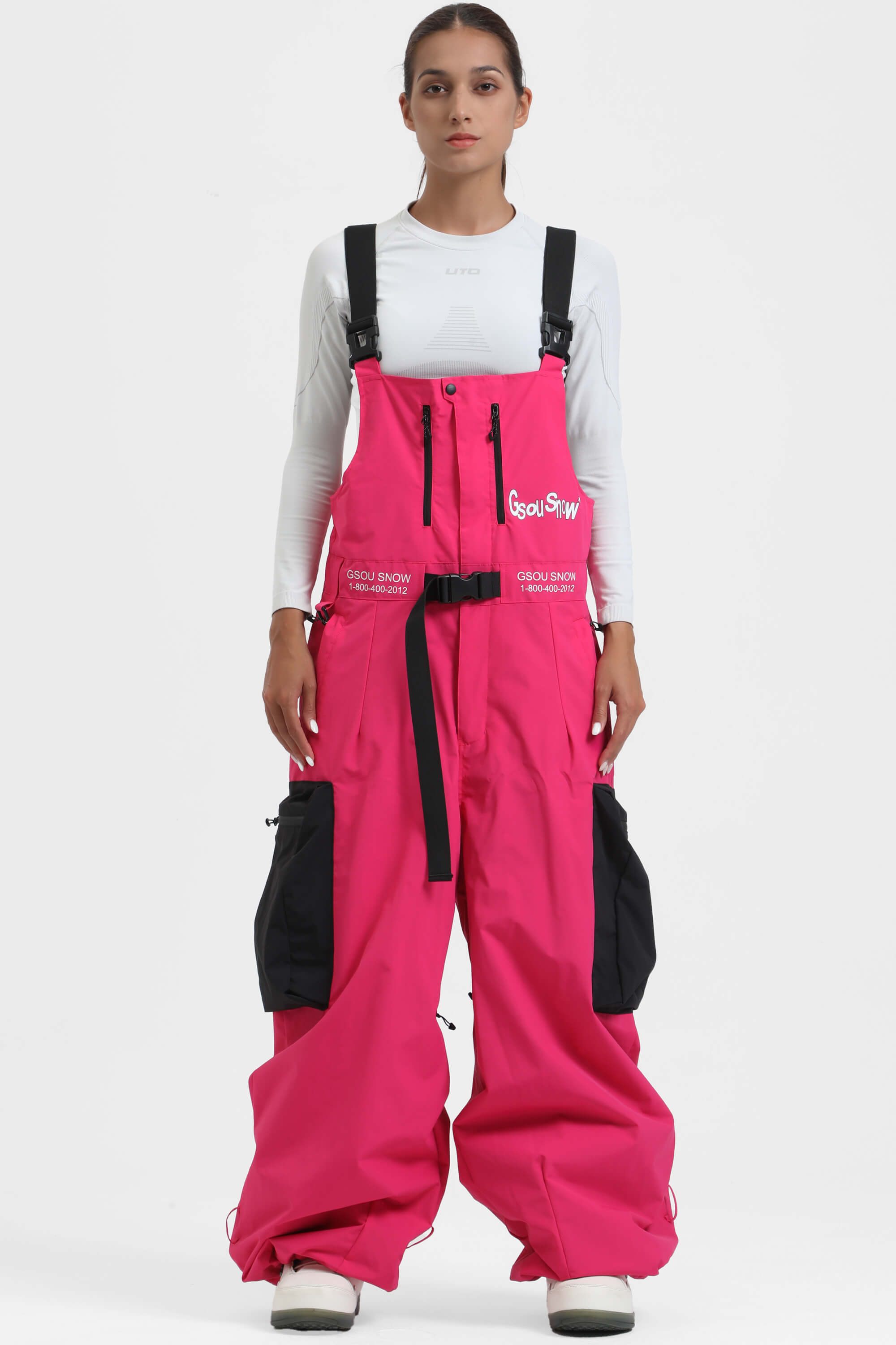 Women's Hot Pink Workwear-Style Built-In Belt Ski Bibs Baggy Snow Bibs Secondary image