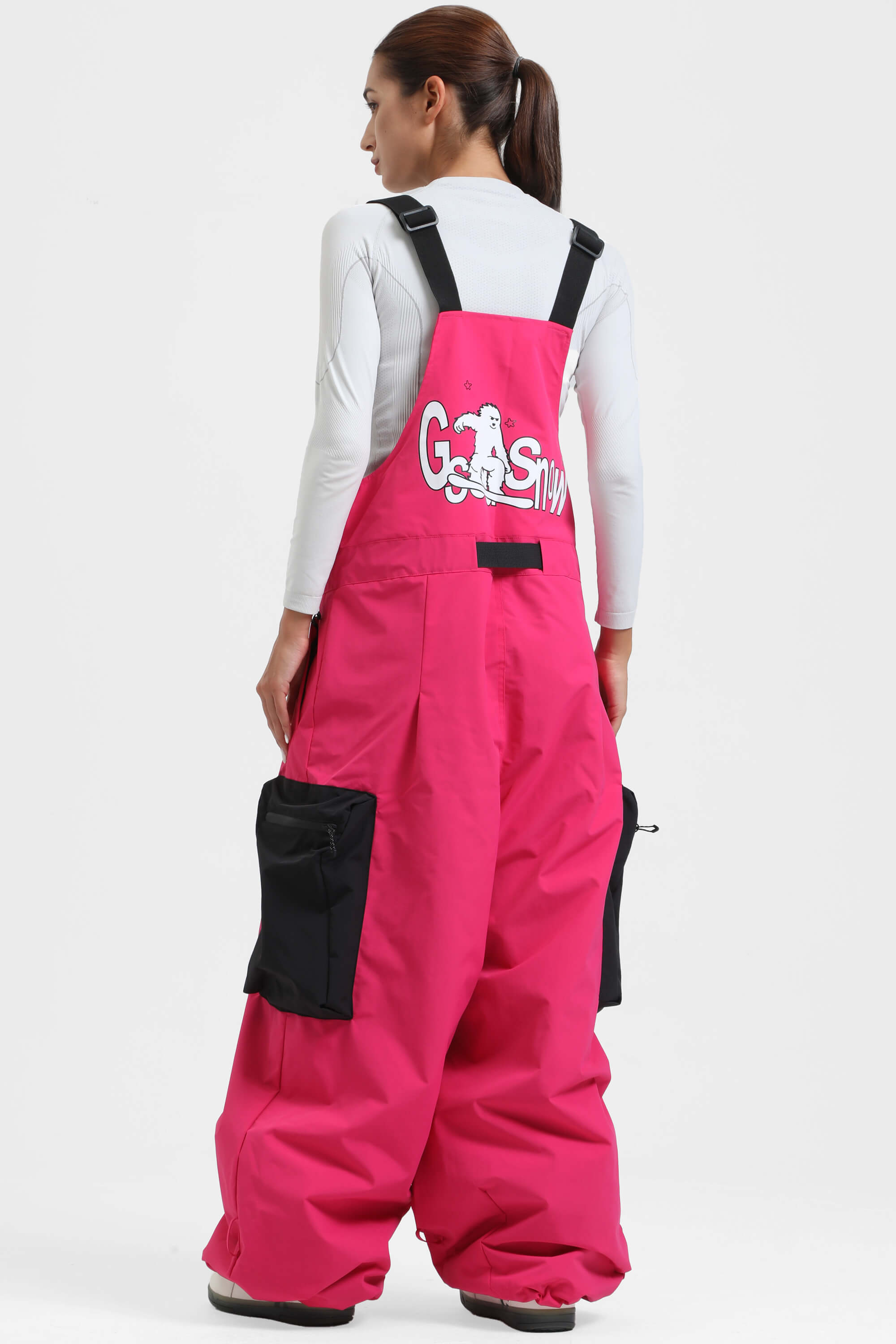 Women's Black Workwear-Style Built-In Belt Ski Bibs Baggy Snow Bibs