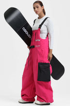 Women's Hot Pink Workwear-Style Built-In Belt Ski Bibs Baggy Snow Bibs