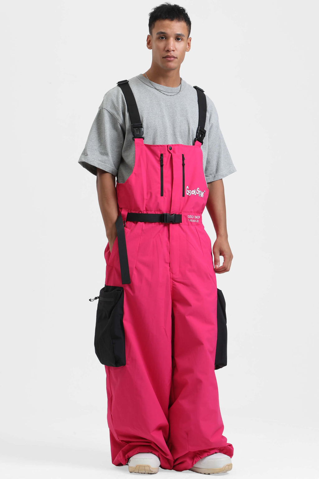 Men's Red Workwear-Style Built-In Belt Ski Bibs Baggy Snow Bibs