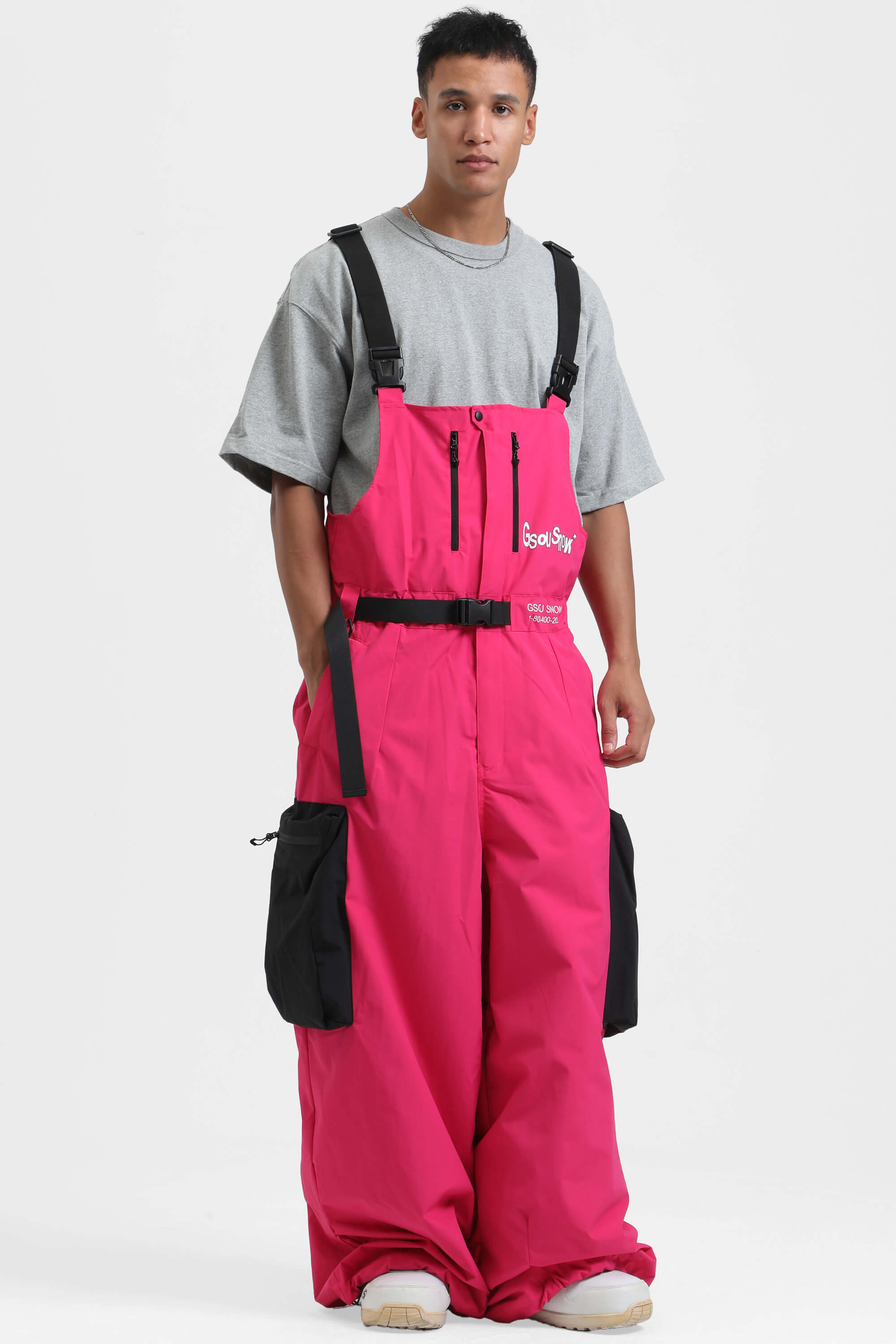 Men's Red Workwear-Style Built-In Belt Ski Bibs Baggy Snow Bibs