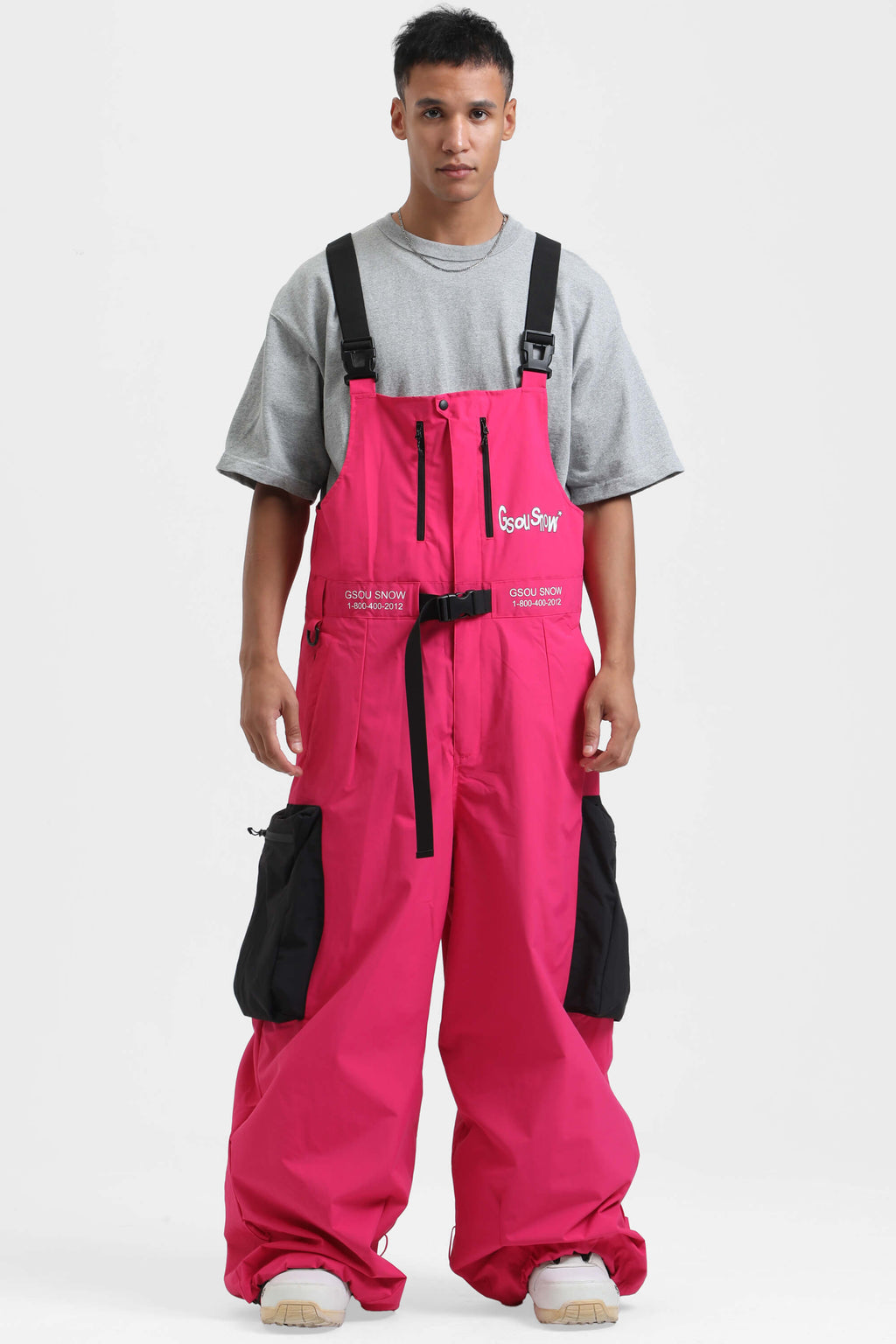 Men's Khaki Workwear-Style Built-In Belt Ski Bibs Baggy Snow Bibs