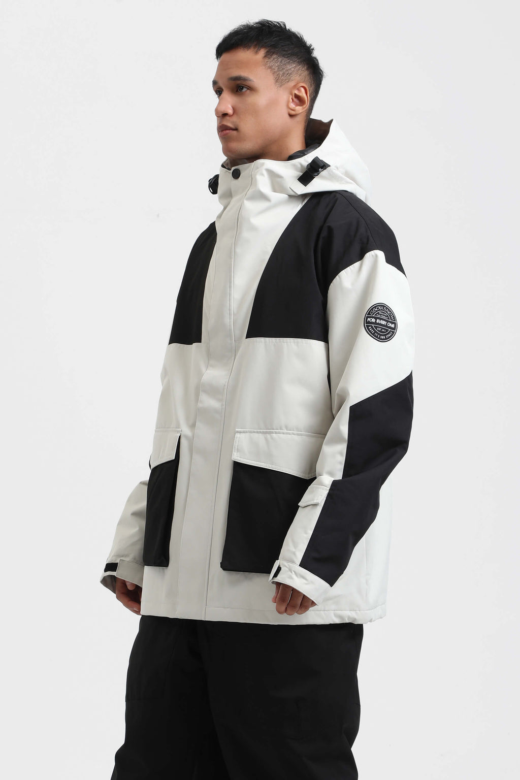 Men's White & Black Abrasion-Resistant Waterproof Ski Jacket Insulated Softshell Snow Jacket