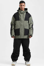 Men's Dark Green & Navy Abrasion-Resistant Waterproof Ski Jacket Insulated Softshell Snow Jacket