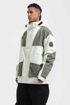 Men's White & Sage Green Abrasion Resistant Waterproof Snow Jacket Insulated Softshell Ski Jacket - Gsou Snow