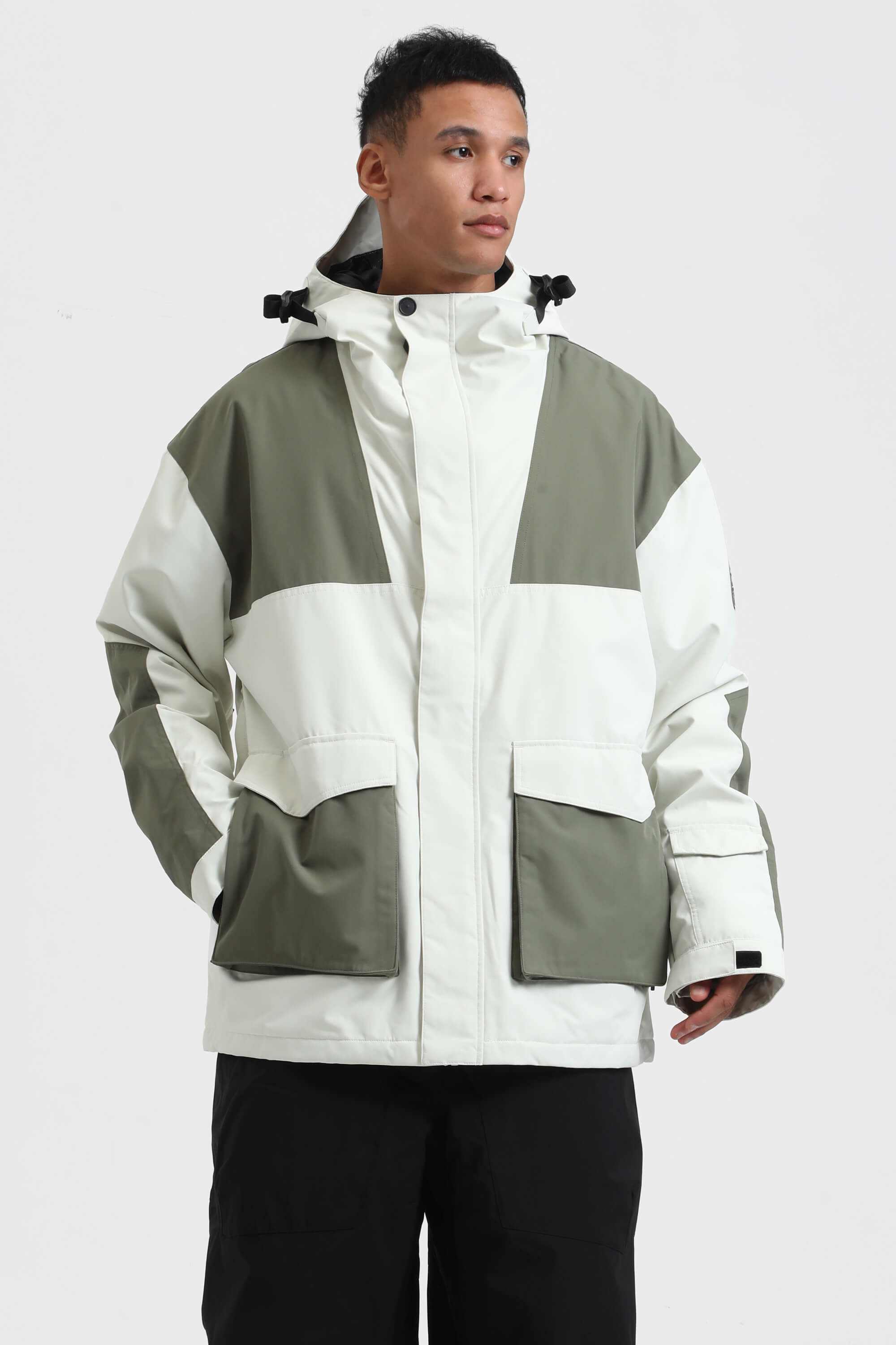 Men's White & Sage Green Abrasion-Resistant Waterproof Ski Jacket Insulated Softshell Snow Jacket