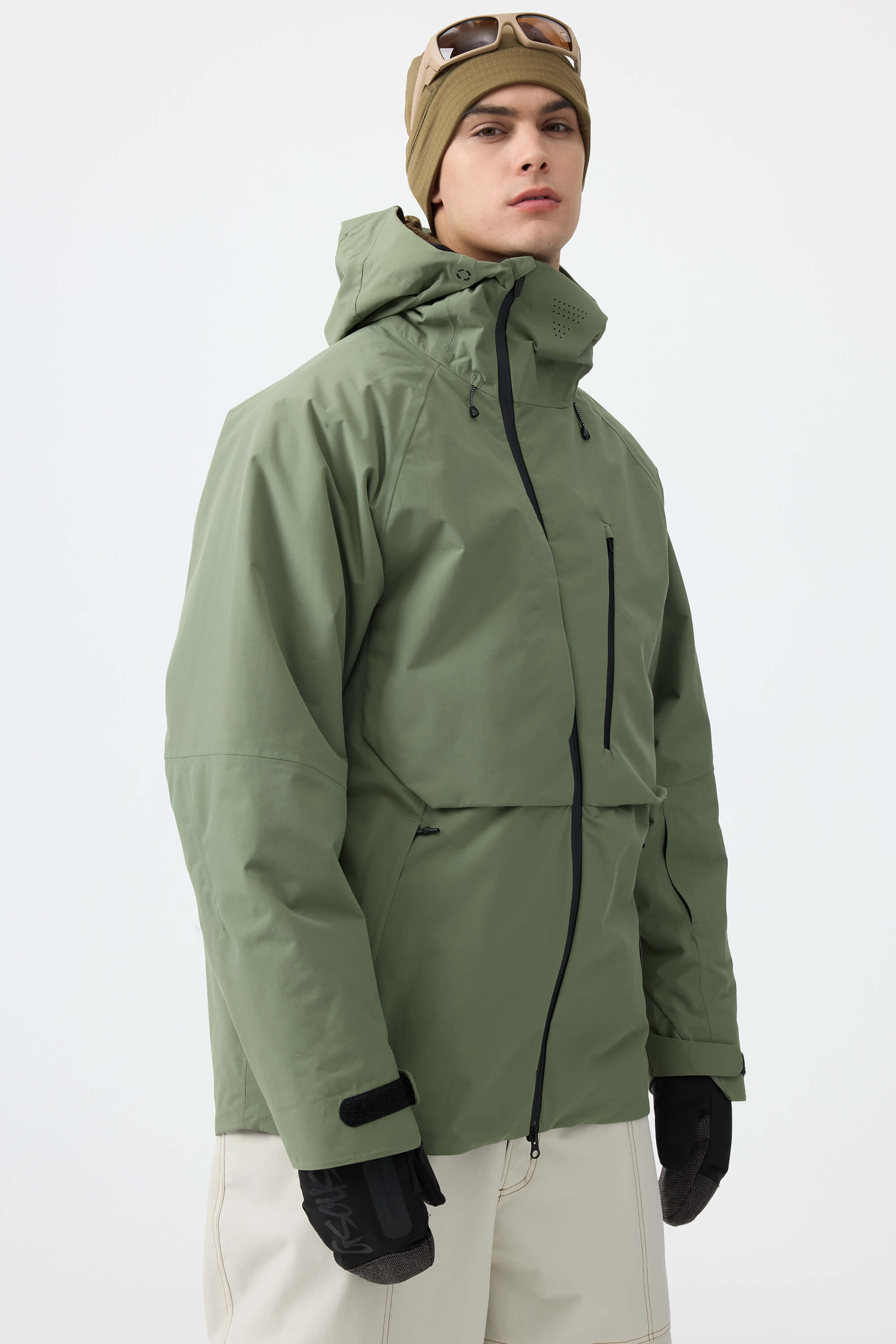 Men's Army Green Multi-Pocket Face-Vented Ski Jacket Fully Waterproof Snow Jacket