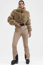 White Elegant Faux-Fur One-Piece Ski Suit Snowboard Suit