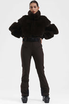 Neon Orange Elegant Faux-Fur One-Piece Ski Suit Snowboard Suit