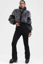 Grey Elegant Faux-Fur One-Piece Ski Suit Snowboard Suit