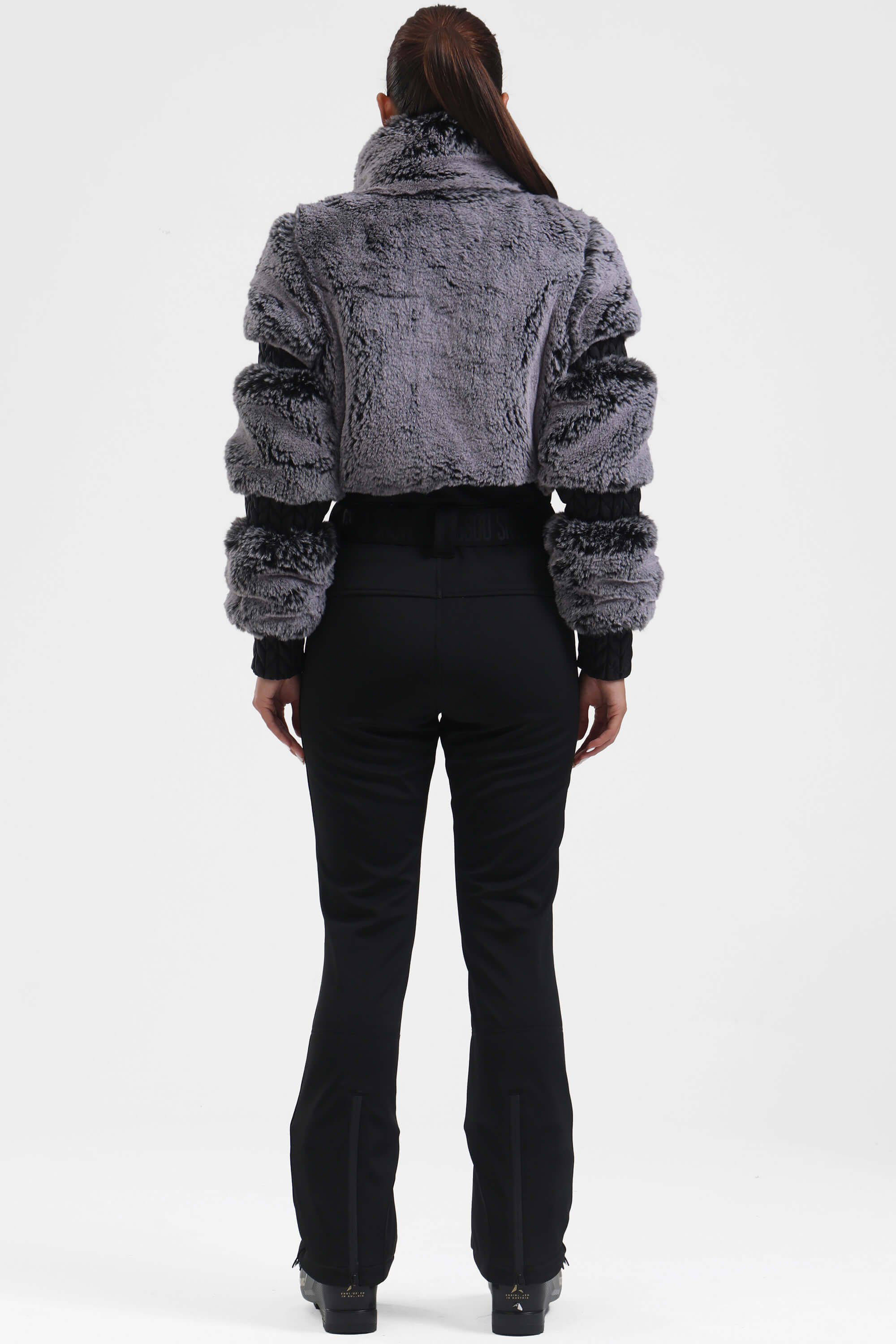 Grey Elegant Faux-Fur One-Piece Ski Suit Snowboard Suit