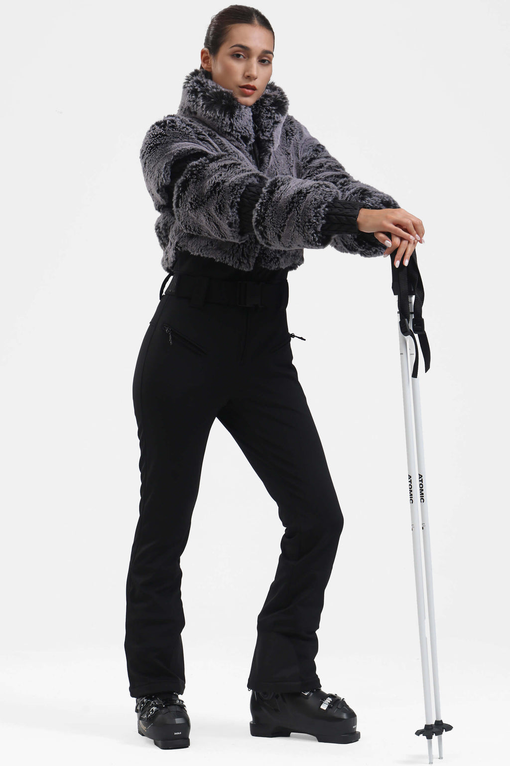 Black Elegant Faux-Fur One-Piece Ski Suit Snowboard Suit