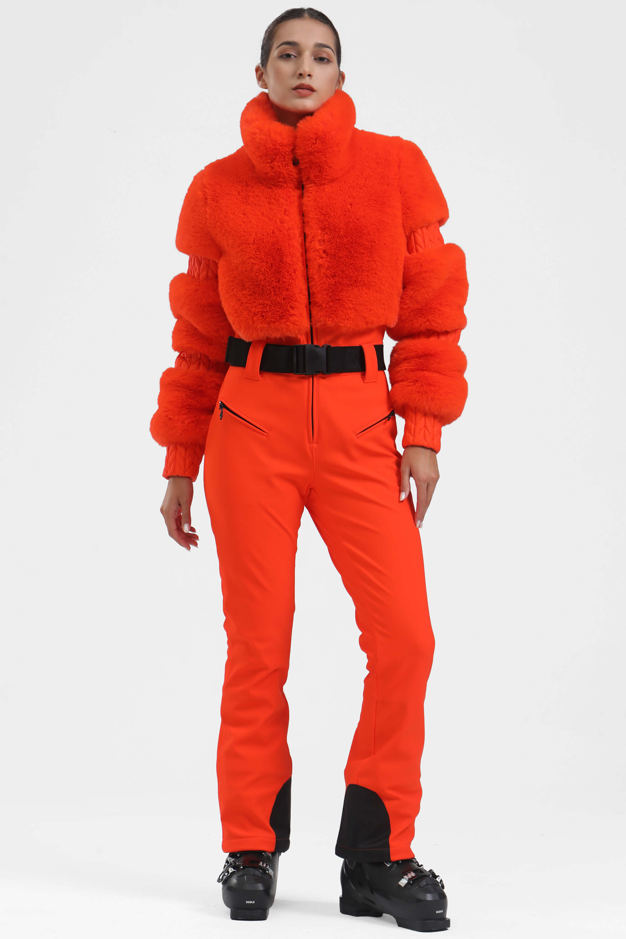 Neon Orange Elegant Faux-Fur One-Piece Ski Suit Snowboard Suit