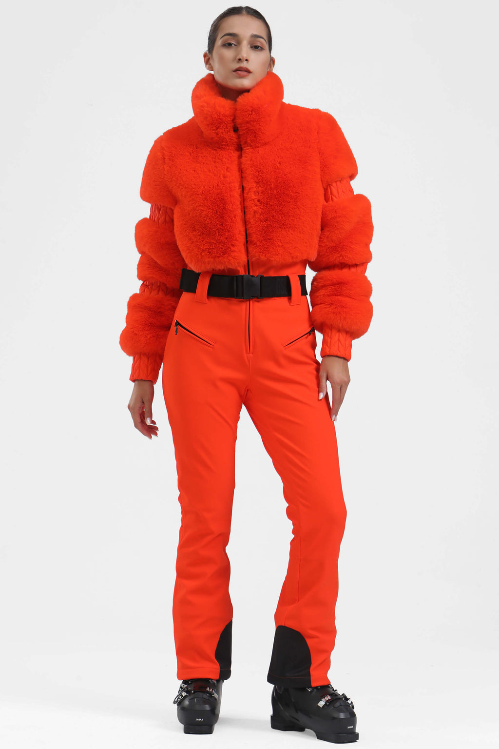 Black Elegant Faux-Fur One-Piece Ski Suit Snowboard Suit