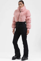 Grey Elegant Faux-Fur One-Piece Ski Suit Snowboard Suit