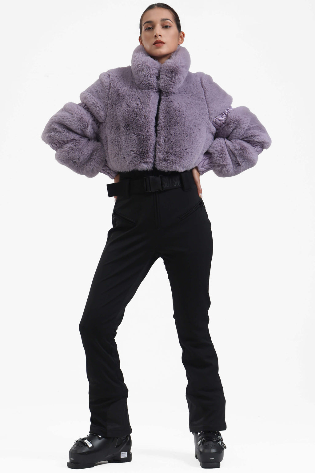 Grey Elegant Faux-Fur One-Piece Ski Suit Snowboard Suit