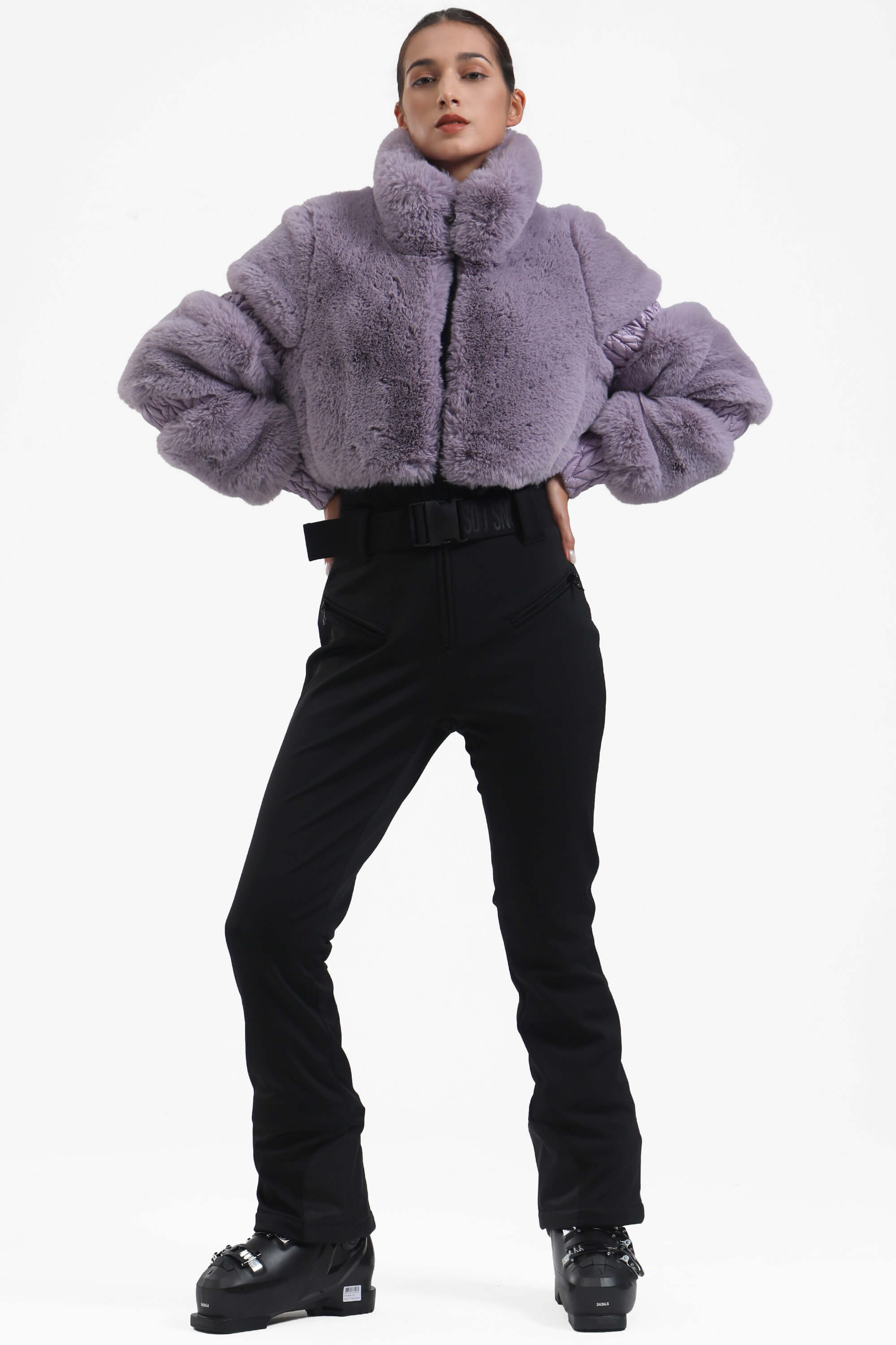 Grey Elegant Faux-Fur One-Piece Ski Suit Snowboard Suit
