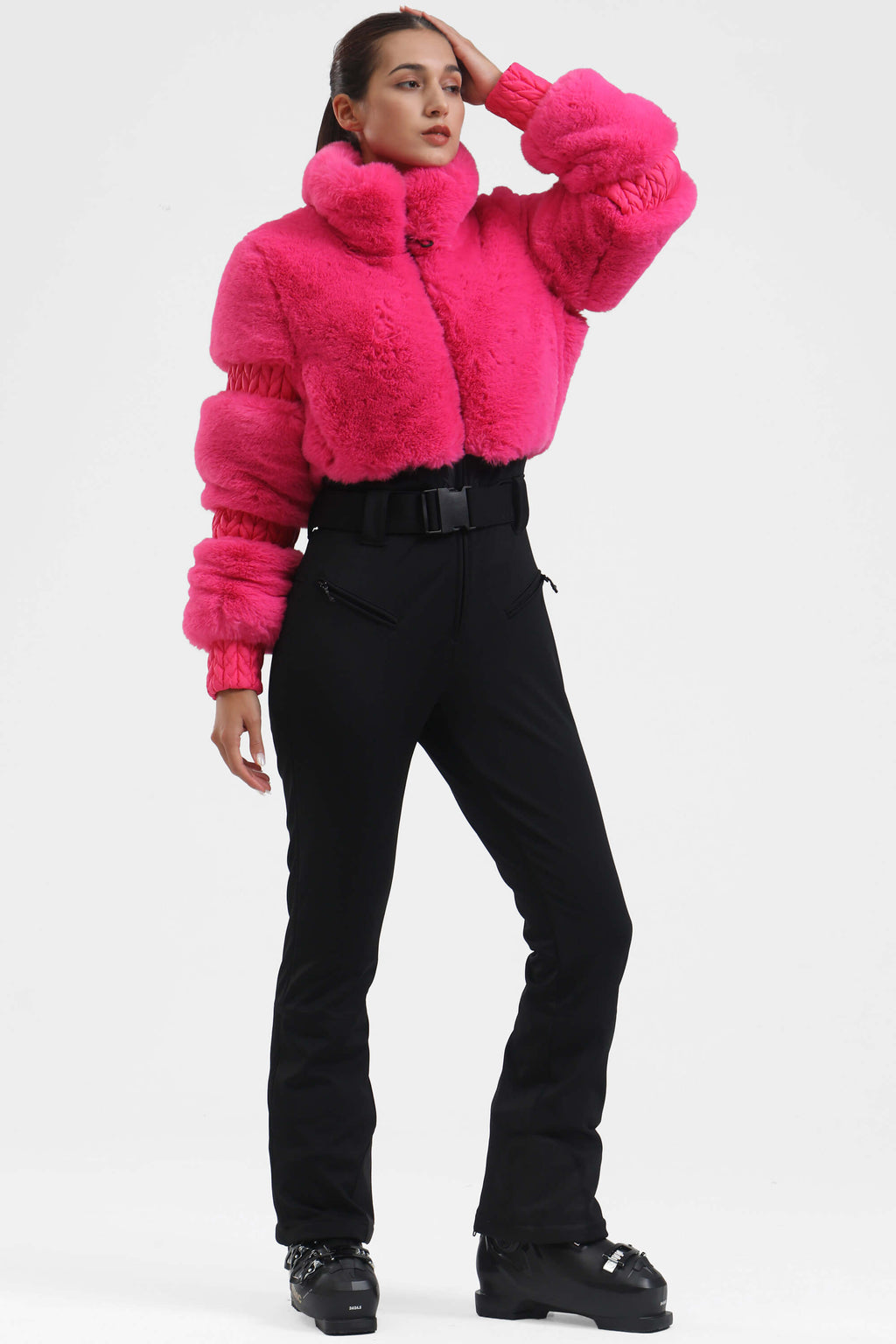 Grey Elegant Faux-Fur One-Piece Ski Suit Snowboard Suit
