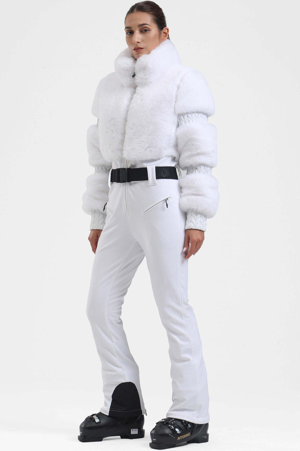 White Elegant Faux-Fur One-Piece Ski Suit Snowboard Suit