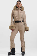 Women's Neon Red Shirred Faux-Fur Waterproof One-Piece Ski Suit Snowboard Suit