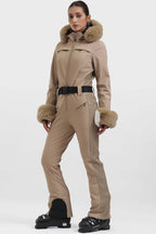 Women's Khaki Shirred Faux-Fur Waterproof One-Piece Ski Suit Snowboard Suit