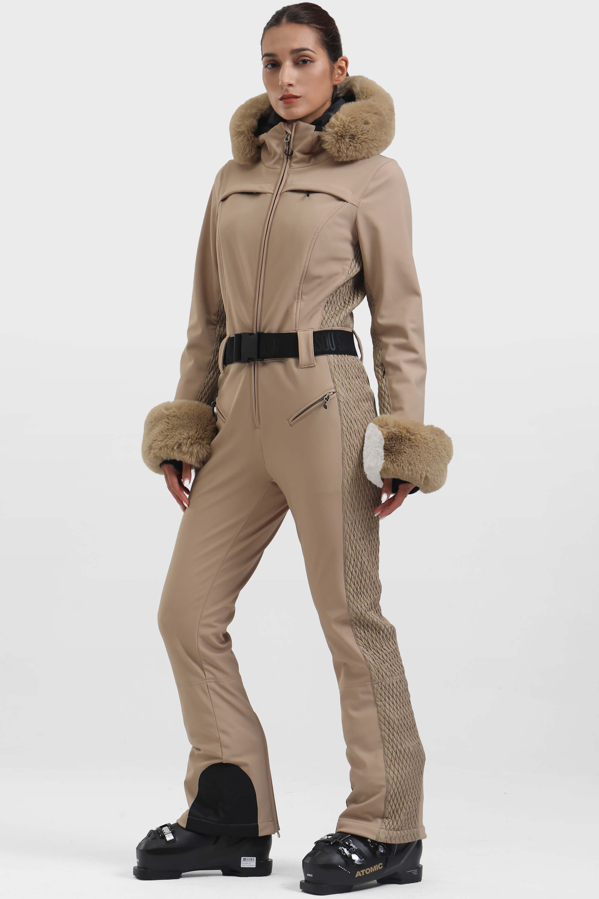 Women's Khaki Shirred Faux-Fur Waterproof One-Piece Ski Suit Snowboard Suit