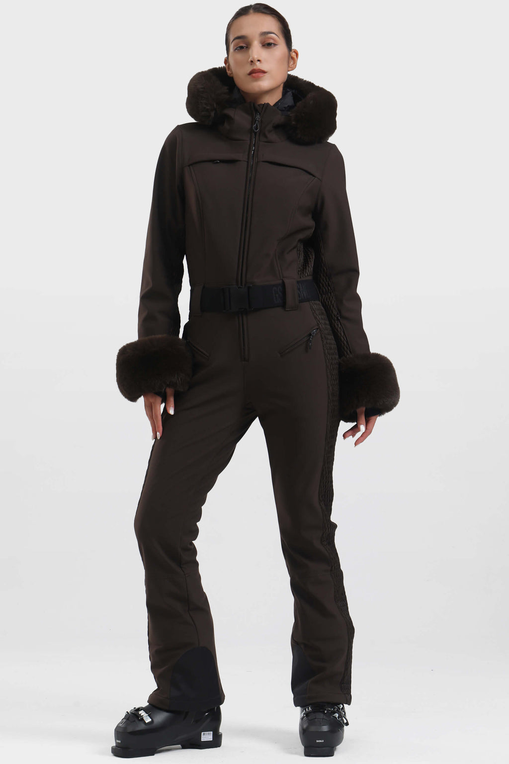 Women's Pink Shirred Faux-Fur Waterproof One-Piece Ski Suit Snowboard Suit