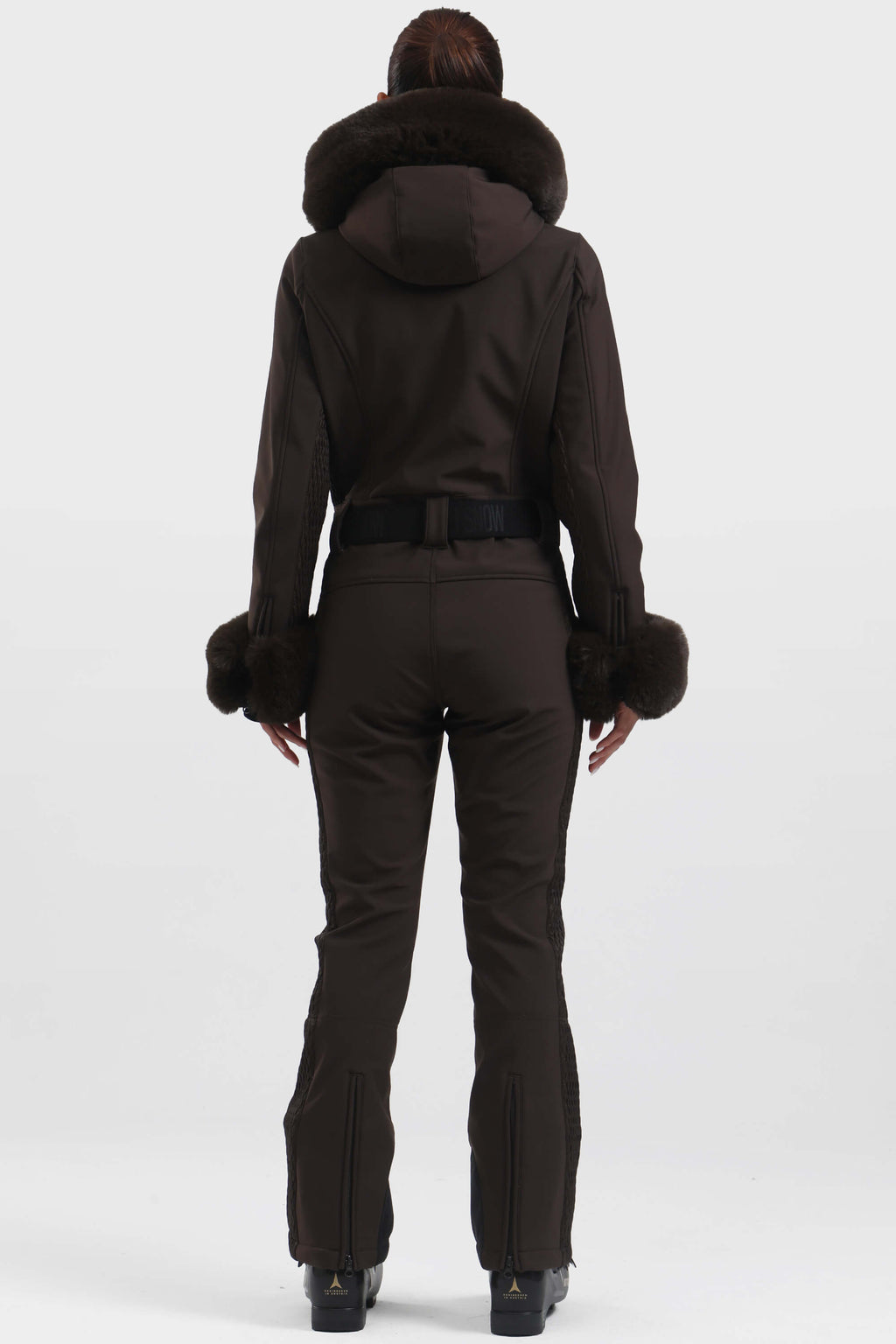 Women's Dark Brown Shirred Faux-Fur Waterproof One-Piece Ski Suit Snowboard Suit