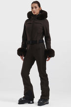 Women's Magenta Faux Fur Shirred Waterproof Ski Suit One-Piece Snowboard Suit - Gsou Snow
