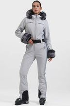 Women's Black Shirred Faux-Fur Waterproof One-Piece Ski Suit Snowboard Suit