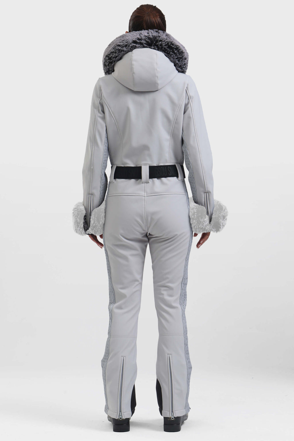 Women's White Shirred Faux-Fur Waterproof One-Piece Ski Suit Snowboard Suit