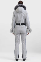 Women's Dark Brown Shirred Faux-Fur Waterproof One-Piece Ski Suit Snowboard Suit