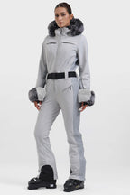 Women's Grey Shirred Faux-Fur Waterproof One-Piece Ski Suit Snowboard Suit