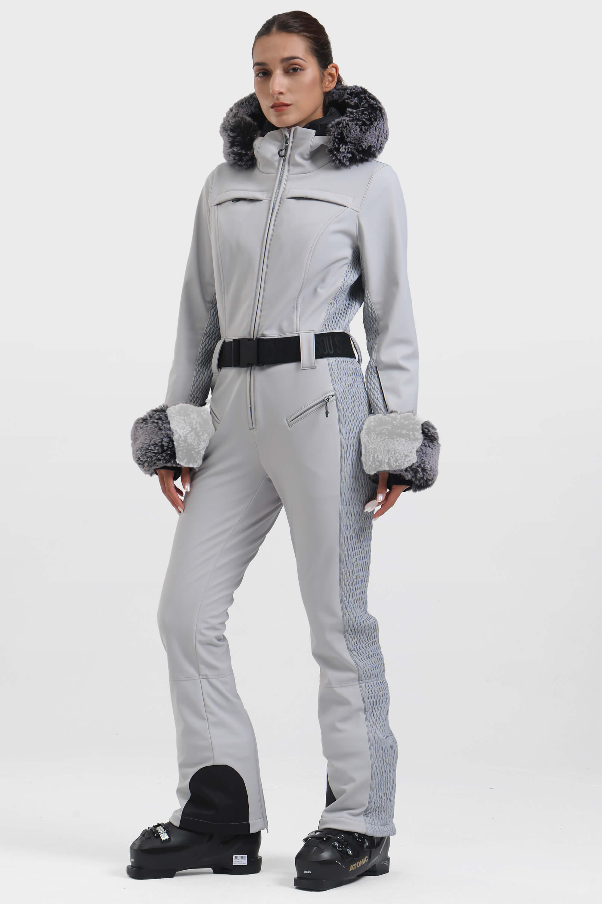 Women's Grey Shirred Faux-Fur Waterproof One-Piece Ski Suit Snowboard Suit
