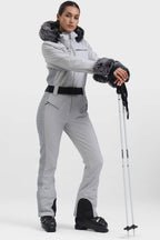 Women's Black Shirred Faux-Fur Waterproof One-Piece Ski Suit Snowboard Suit