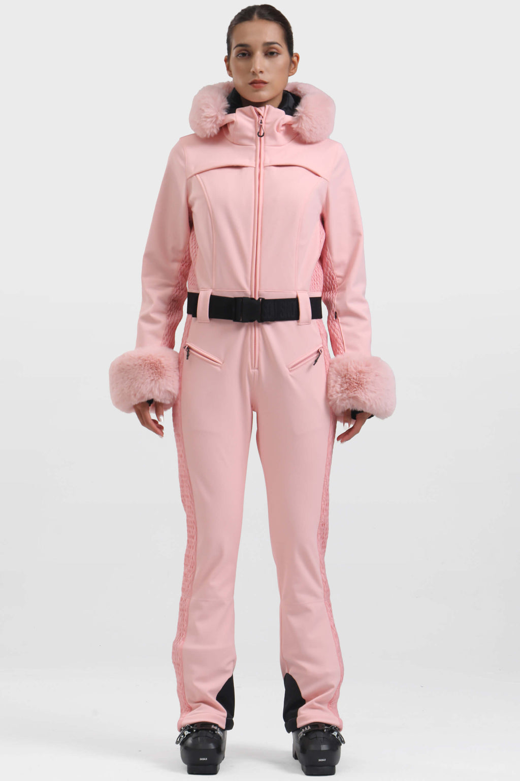 Women's White Shirred Faux-Fur Waterproof One-Piece Ski Suit Snowboard Suit