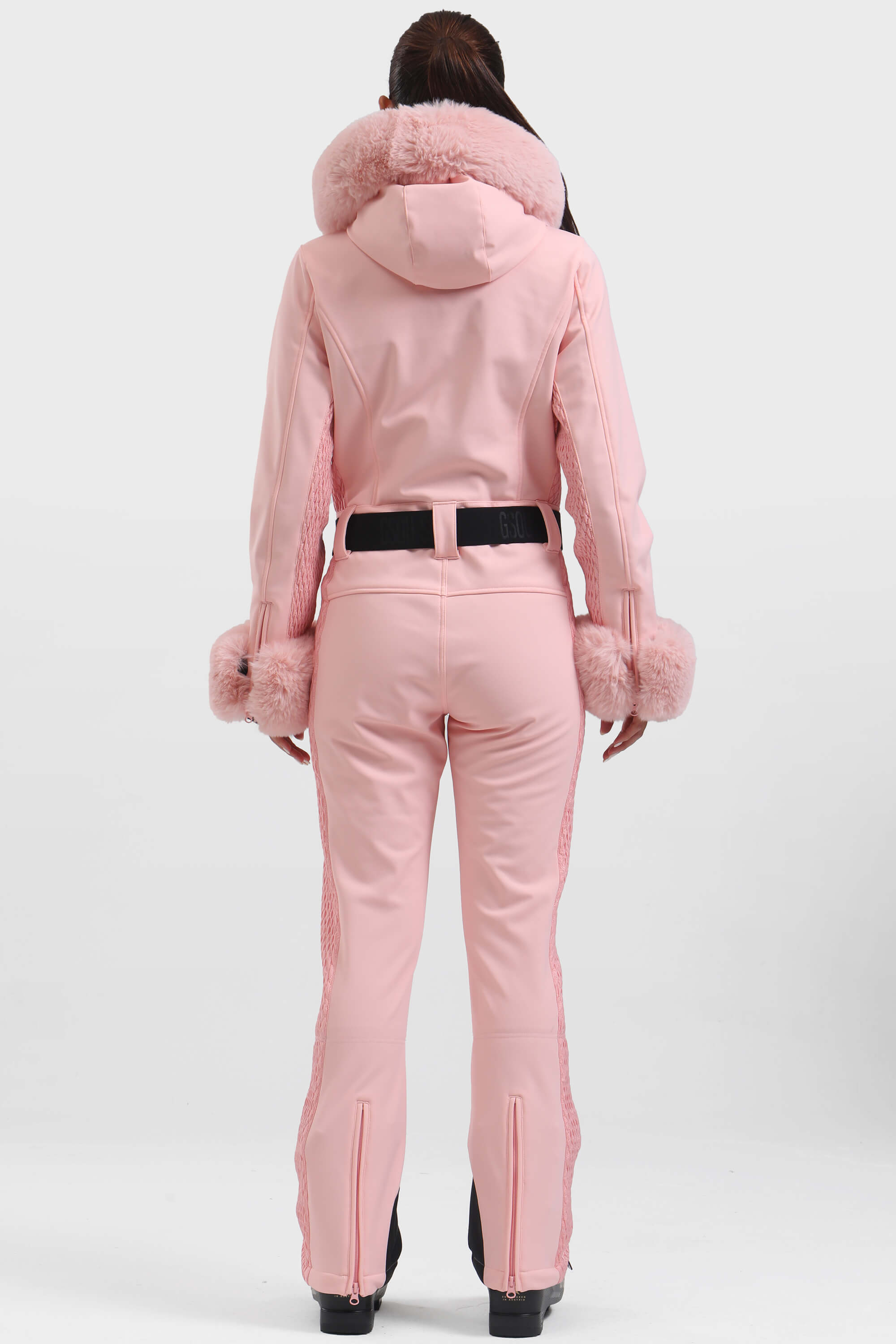 Women's White Shirred Faux-Fur Waterproof One-Piece Ski Suit Snowboard Suit