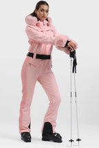 Women's Neon Red Shirred Faux-Fur Waterproof One-Piece Ski Suit Snowboard Suit