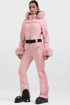 Women's Pink Shirred Faux-Fur Waterproof One-Piece Ski Suit Snowboard Suit