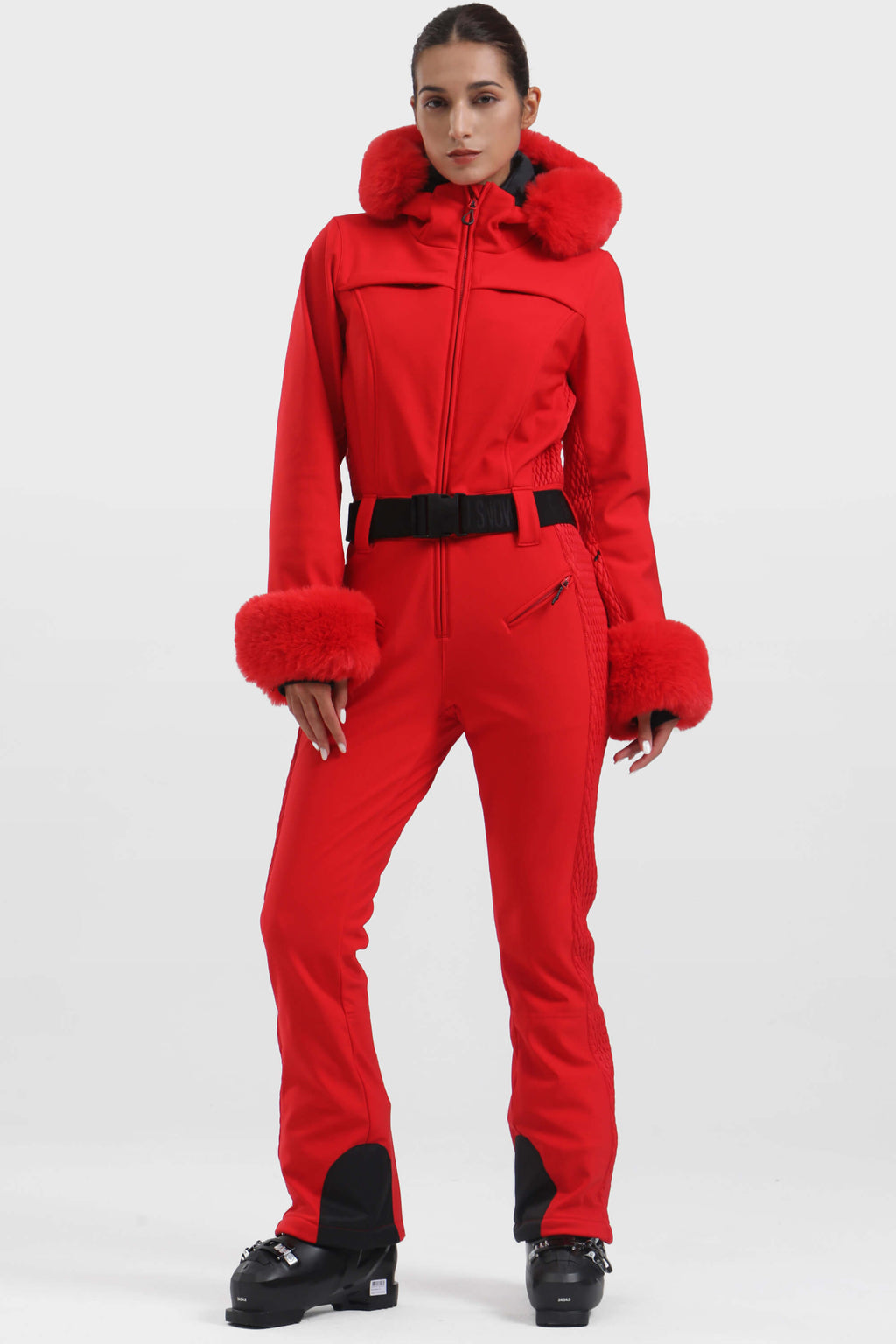 Women's Magenta Faux Fur Shirred Waterproof Ski Suit One-Piece Snowboard Suit - Gsou Snow
