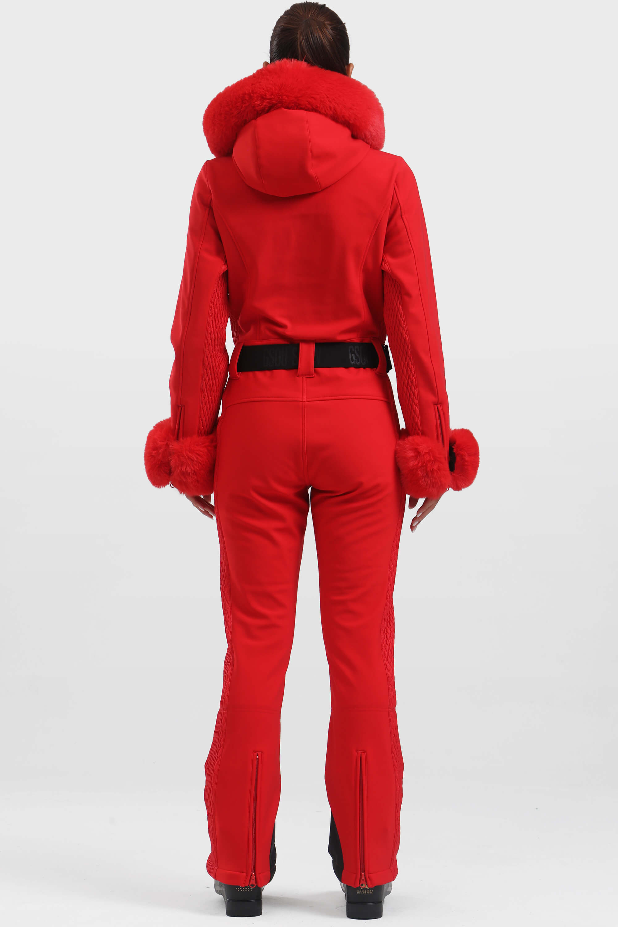 Women's Neon Red Shirred Faux-Fur Waterproof One-Piece Ski Suit Snowboard Suit Secondary image
