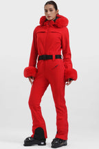 Women's Pink Shirred Faux-Fur Waterproof One-Piece Ski Suit Snowboard Suit